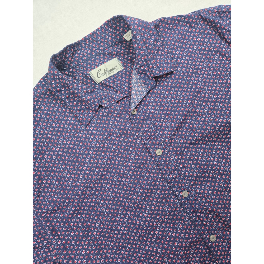 California Shirt Co. Mens L Blue Red Floral Print Short Sleeve‎ Button Up Cotton